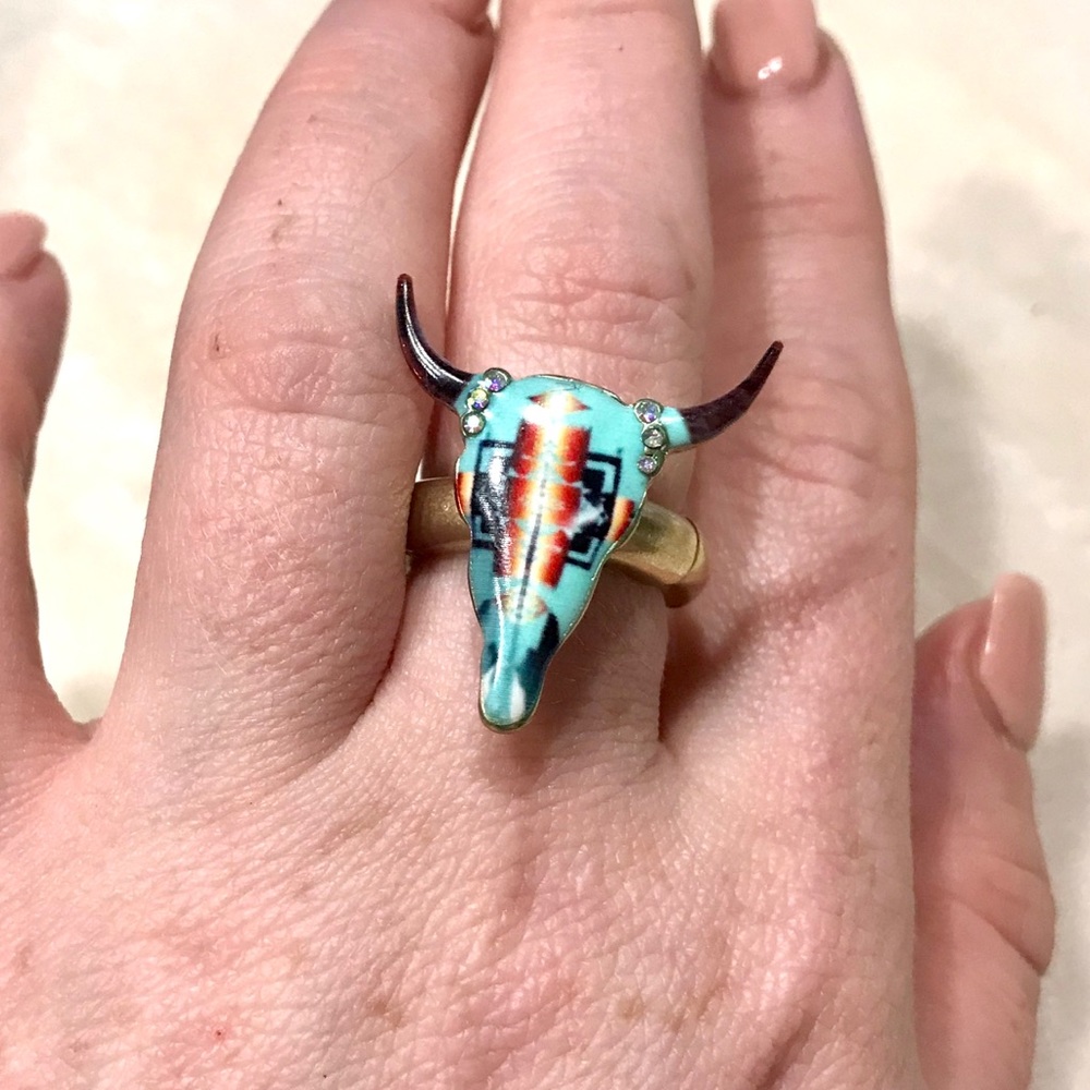 Aztec Print Turquoise Blue Crystal Bull Ring - Picture 3 of 5